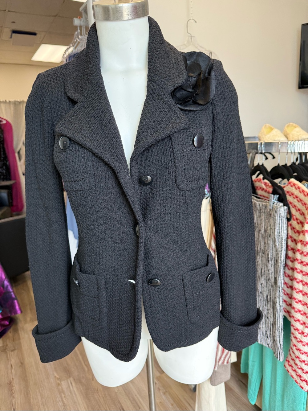 St. John Caviar Vintage Black Textured Double-Breasted Blazer with Floral Accent